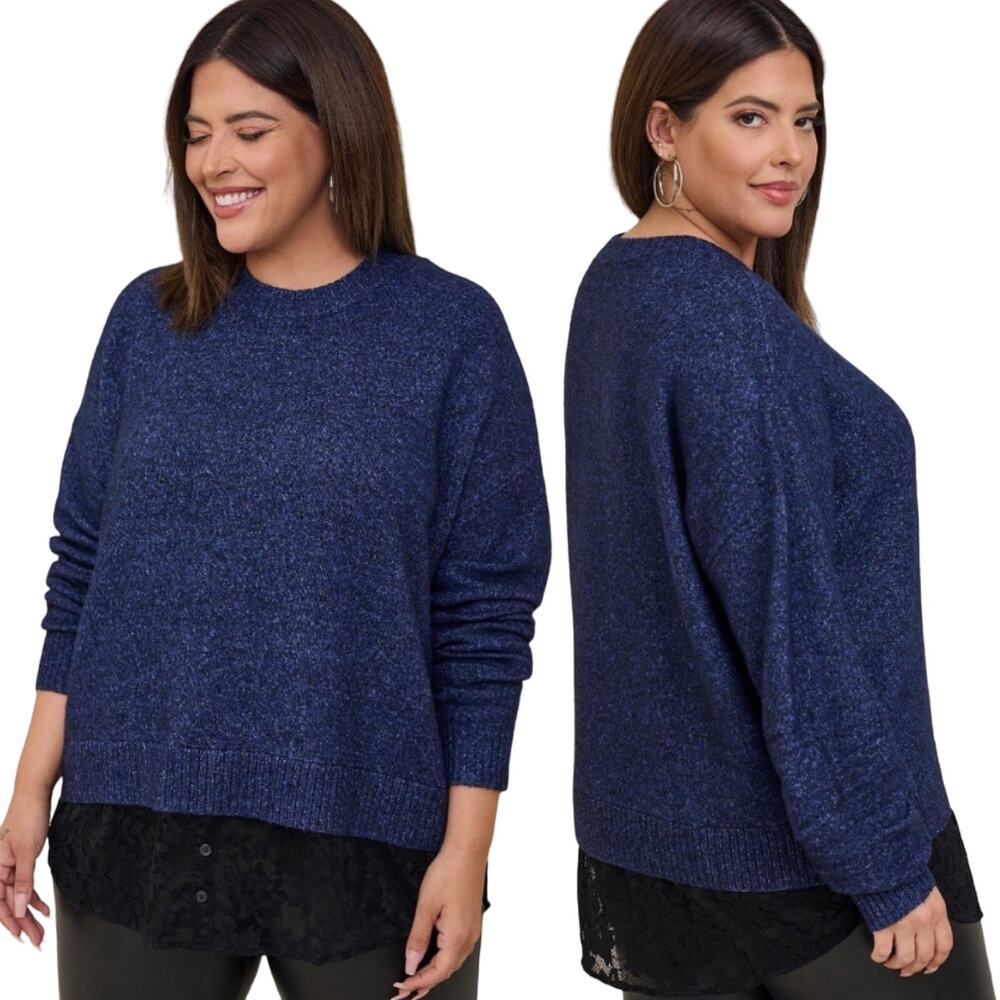 Torrid Vegan Cashmere Pullover Sweater Lace Trim Layered Crewneck Blue Black 3X